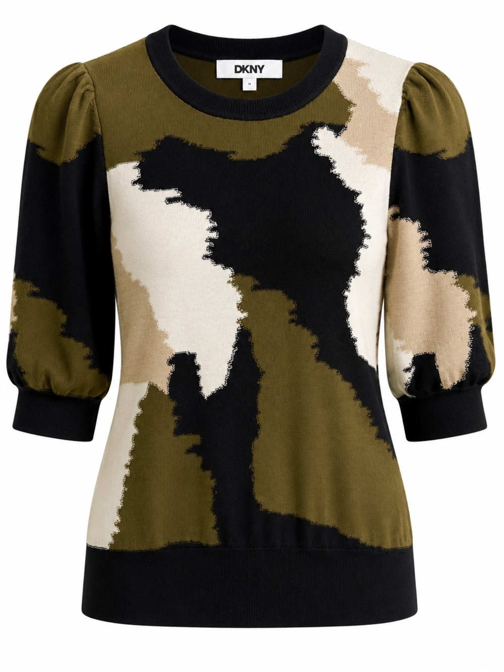 DKNY Olive Black Cream Abstract Short Slee